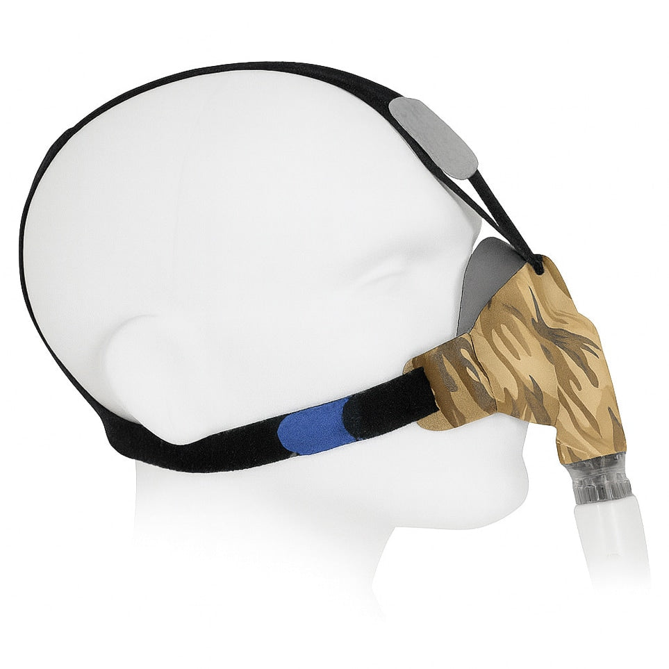 Headgear with camouflage design on a mannequin head against a white background