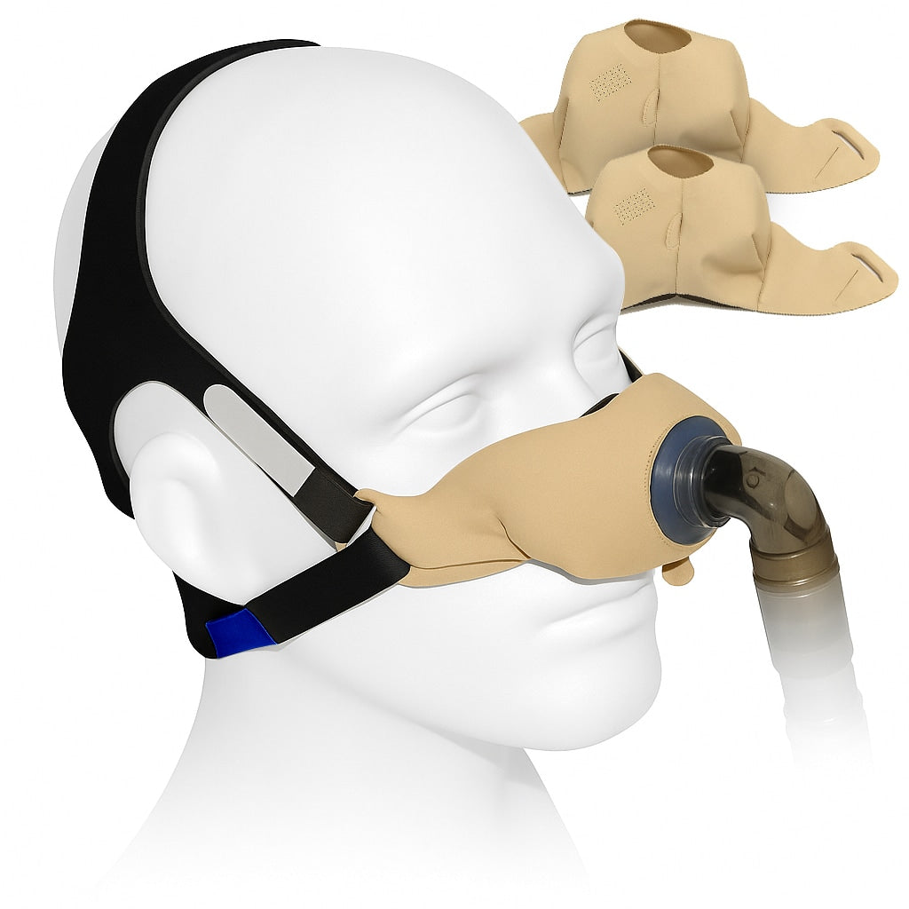 CPAP mask on a mannequin head with additional masks displayed above.