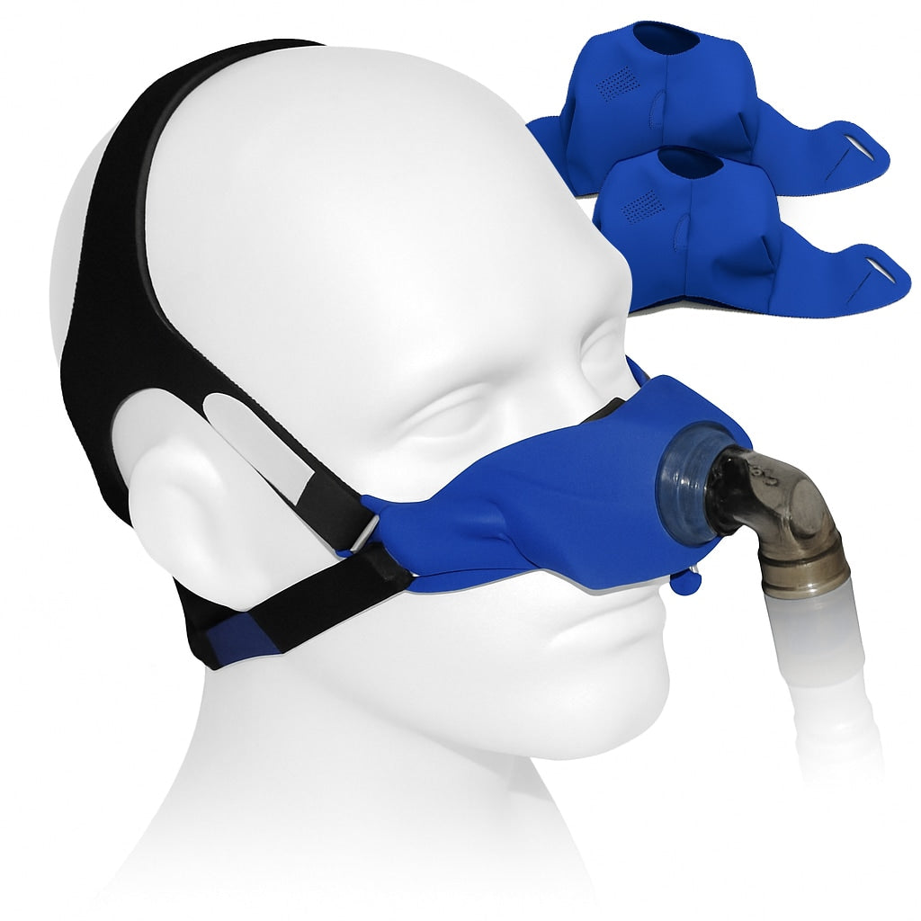 Blue CPAP mask on a mannequin head with additional masks displayed above.