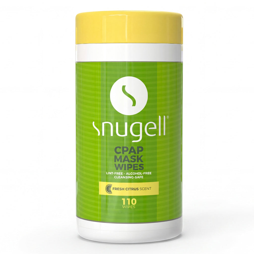 Snugell CPAP mask wipes container with green label and yellow lid on a white background