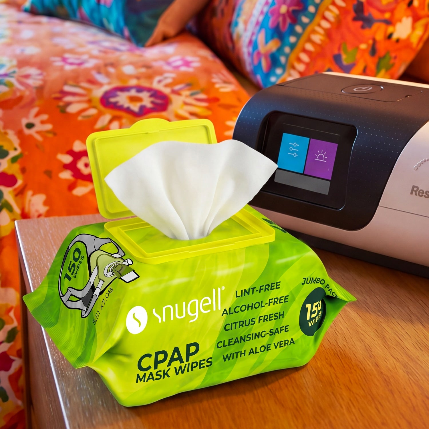 Green container of CPAP mask wipes placed on a wooden surface with a colorful blanket in the background.