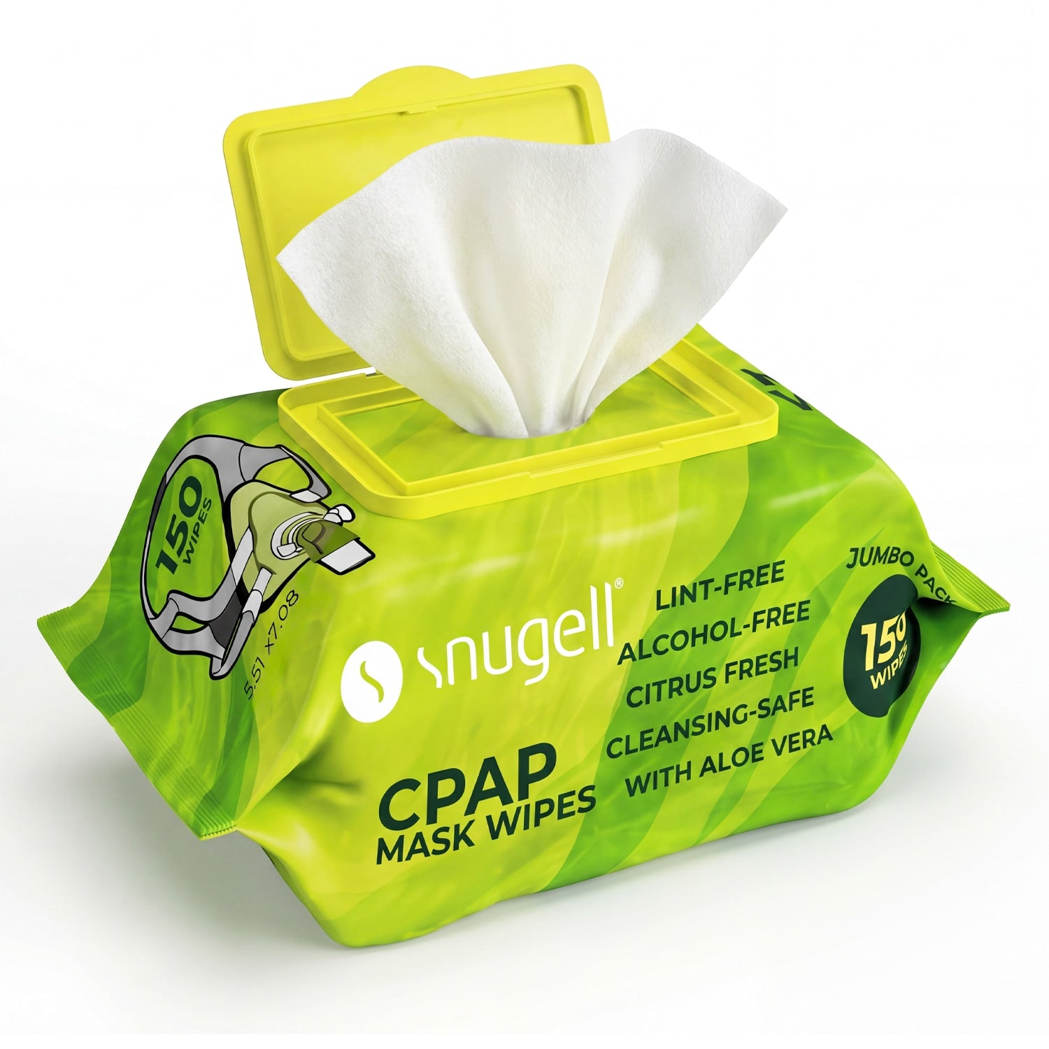 Snugell CPAP mask wipes packaging with a white background