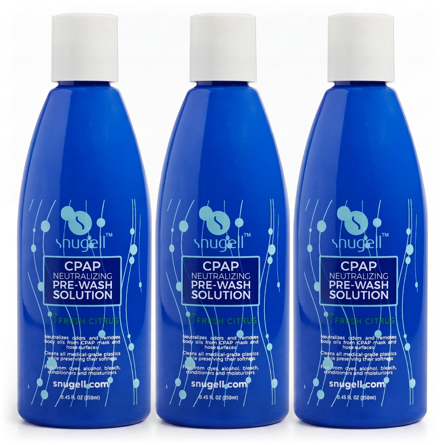 Three blue bottles of Snuggle CPAP pre wash bottles 