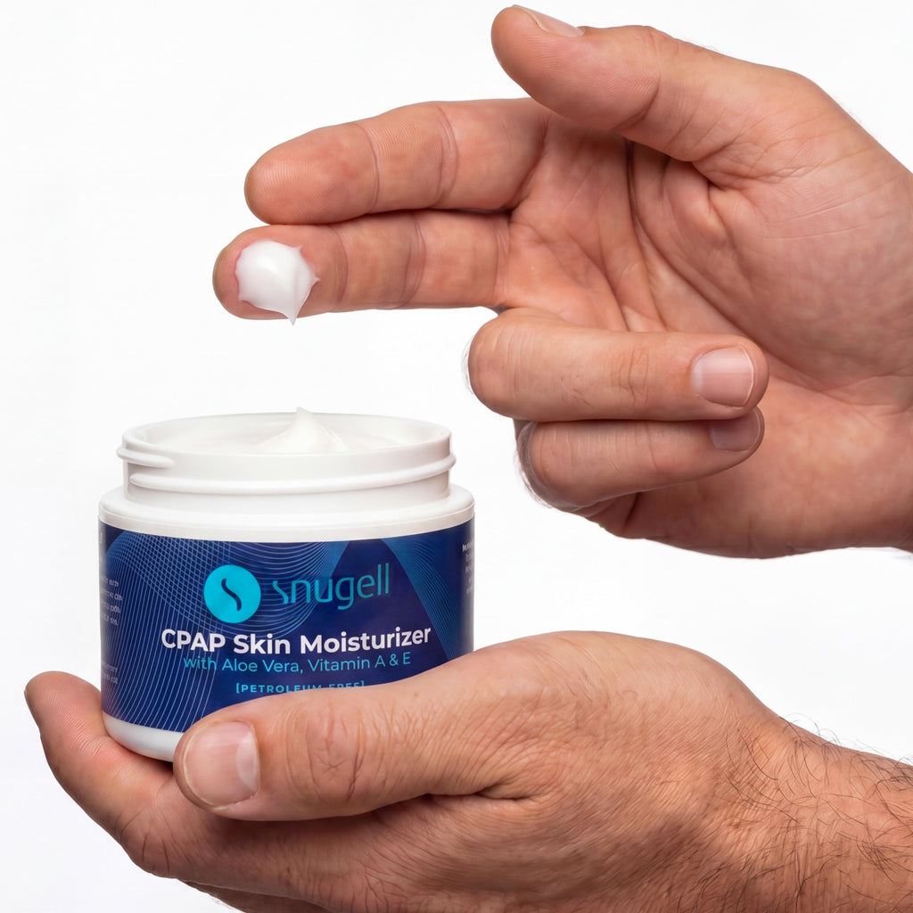Snugell CPAP Skin moisturizer for men held in hands 
