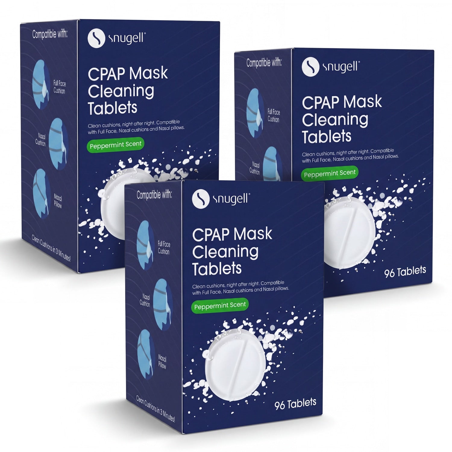 Three boxes of Snugell CPAP mask cleaning tablets 