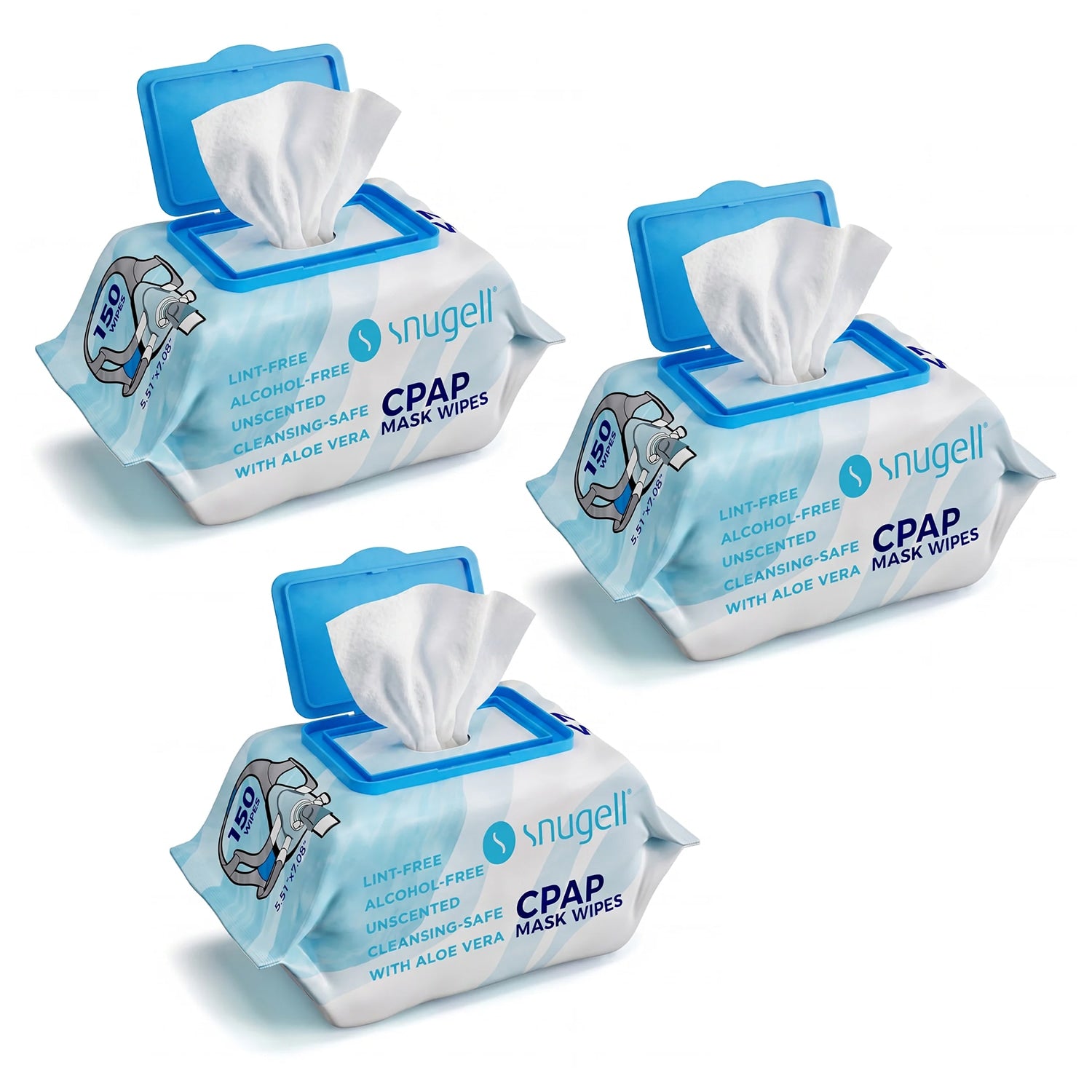 Three packages of Snugell CPAP mask wipes on a white background