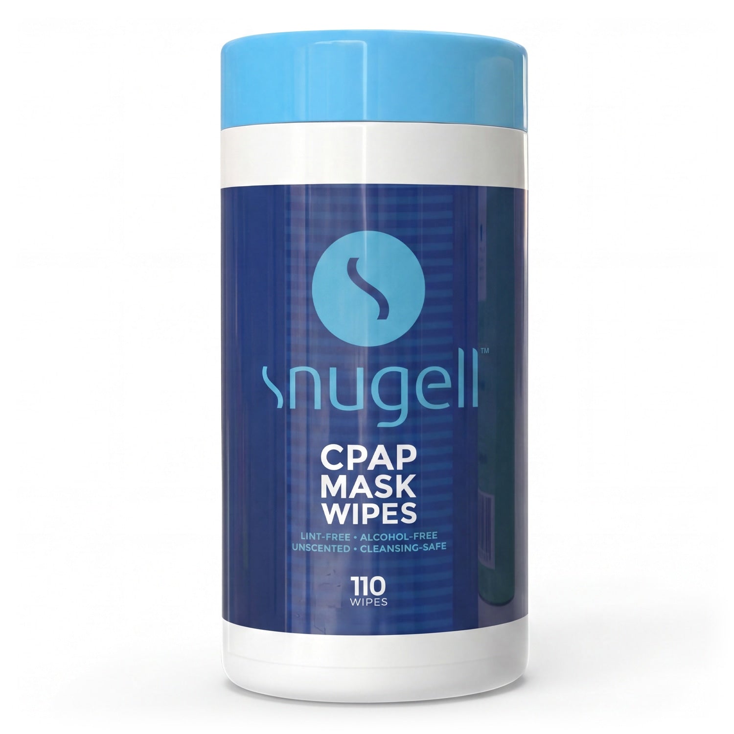 snugell CPAP mask wipes container with blue and white design on a white background