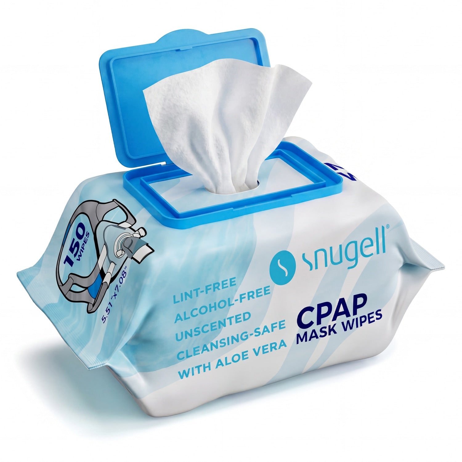 Snugell CPAP mask wipes packaging with a white background