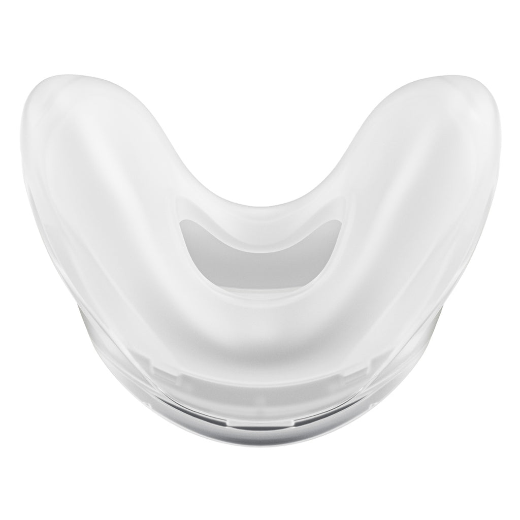 A white nasal cushion designed for use with CPAP/BiPAP masks, shown from a frontal view.