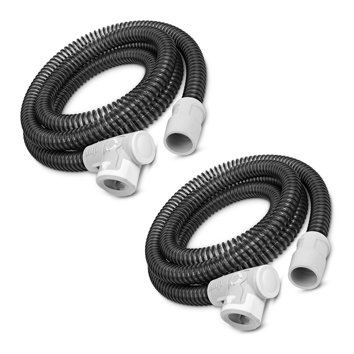 Two black corrugated tubing with white plastic connectors, arranged in a 2x2 grid on a white background.