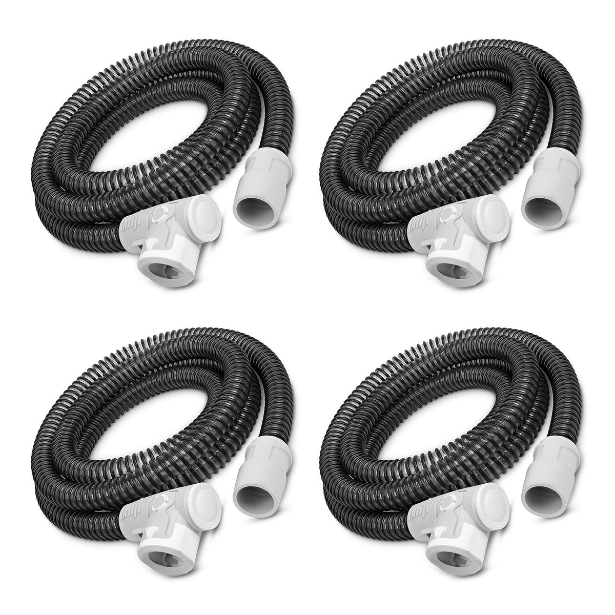 Four black corrugated tubing with white plastic connectors, arranged in a 2x2 grid on a white background.