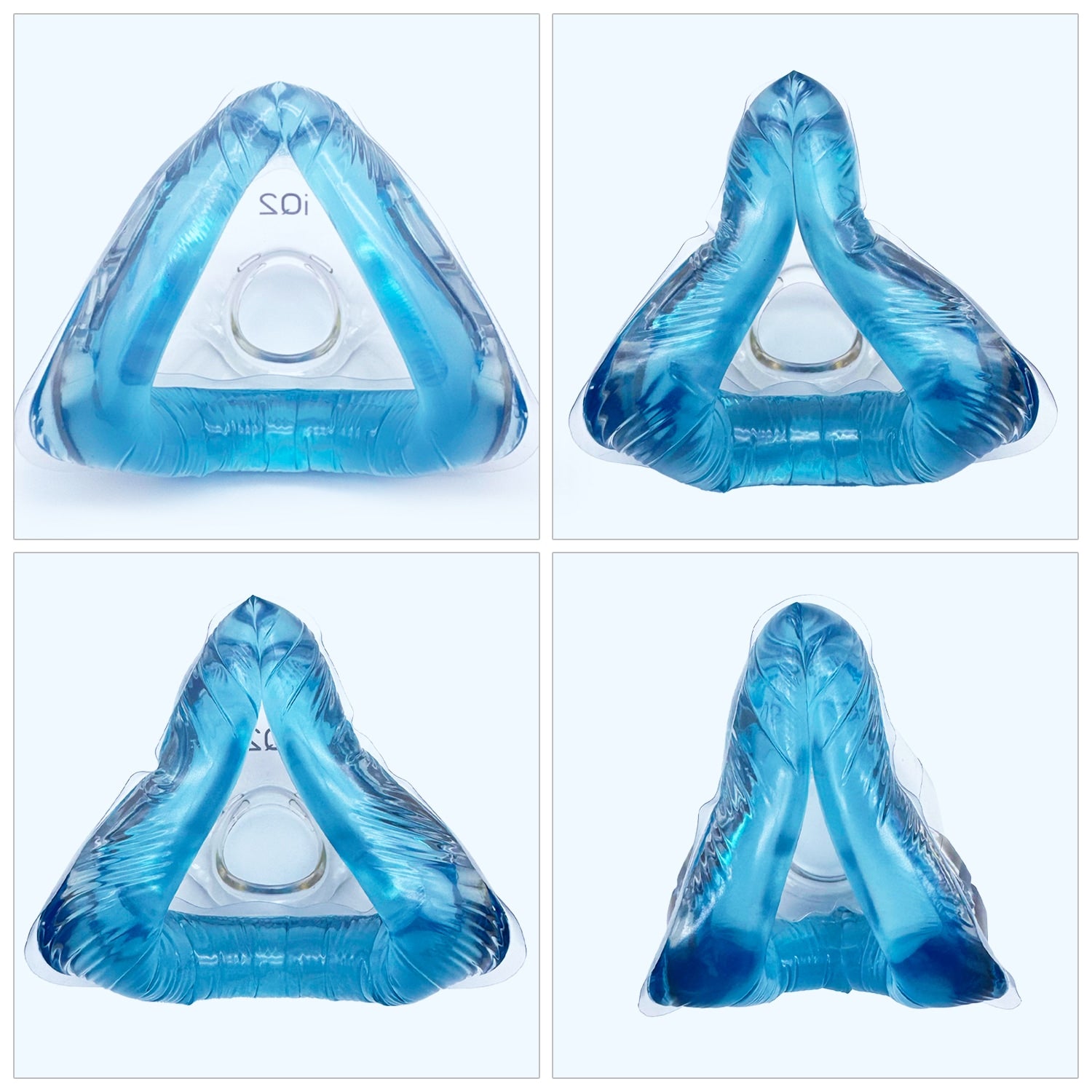 Three blue and clear CPAP Cushions on a white background 