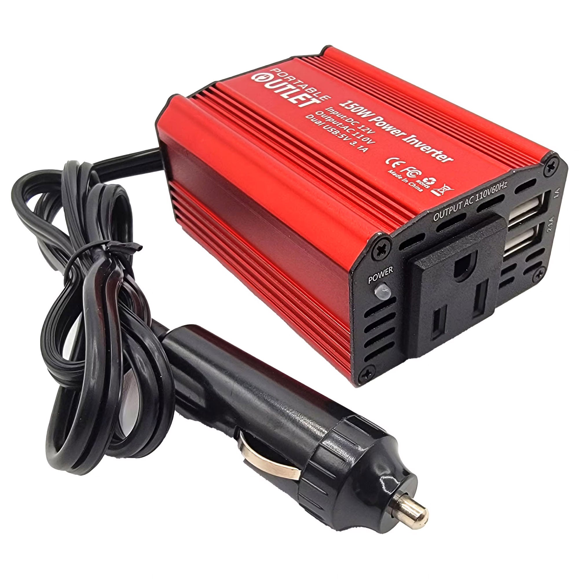Red power inverter with USB ports and car adapter on a white background