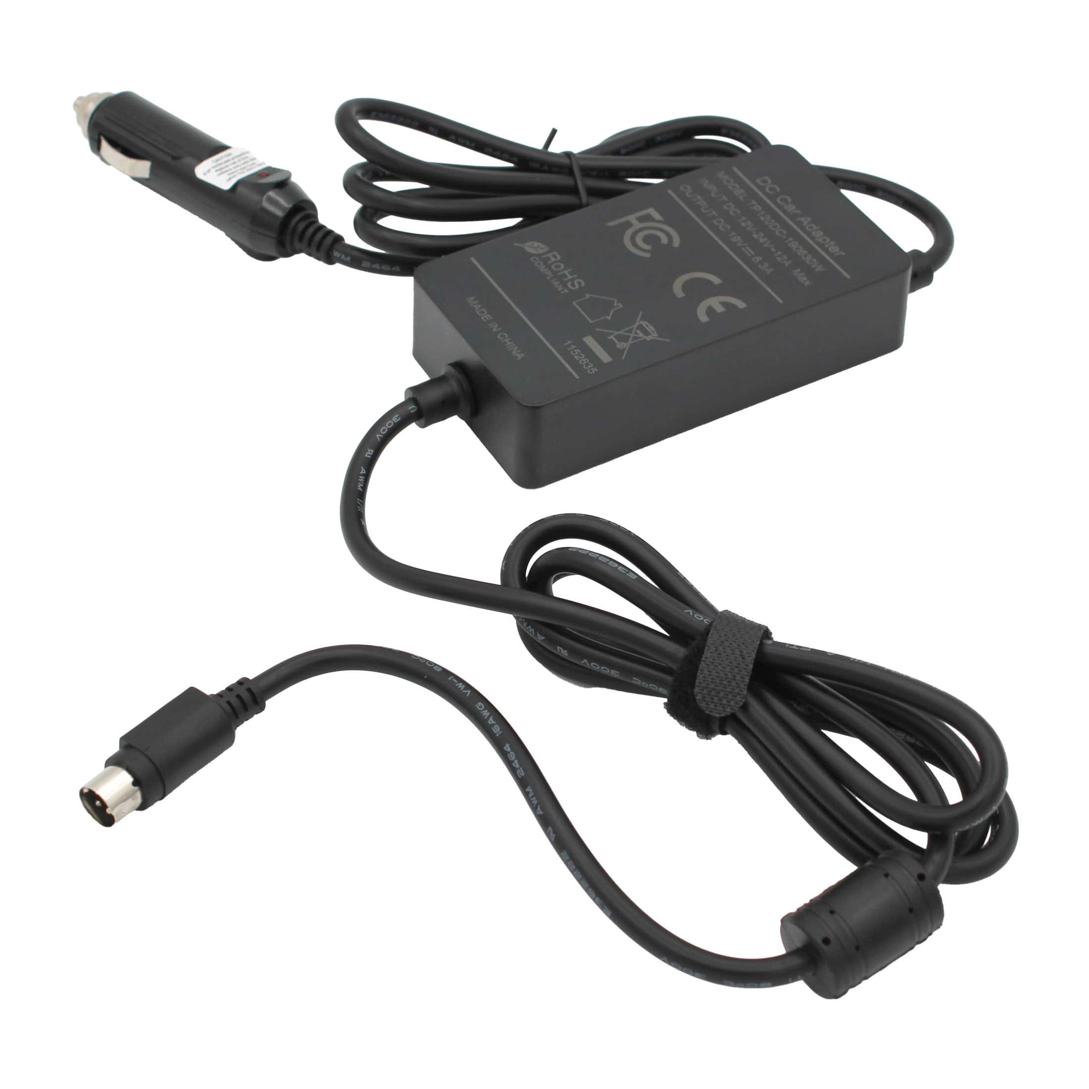 Black car cigarette lighter power adapter with a DC barrel connector, shown on a white background.