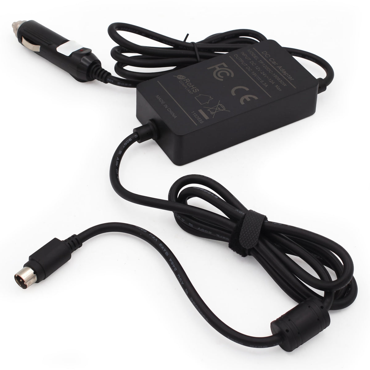 Black car cigarette lighter power adapter with a DC barrel connector, shown on a white background.
