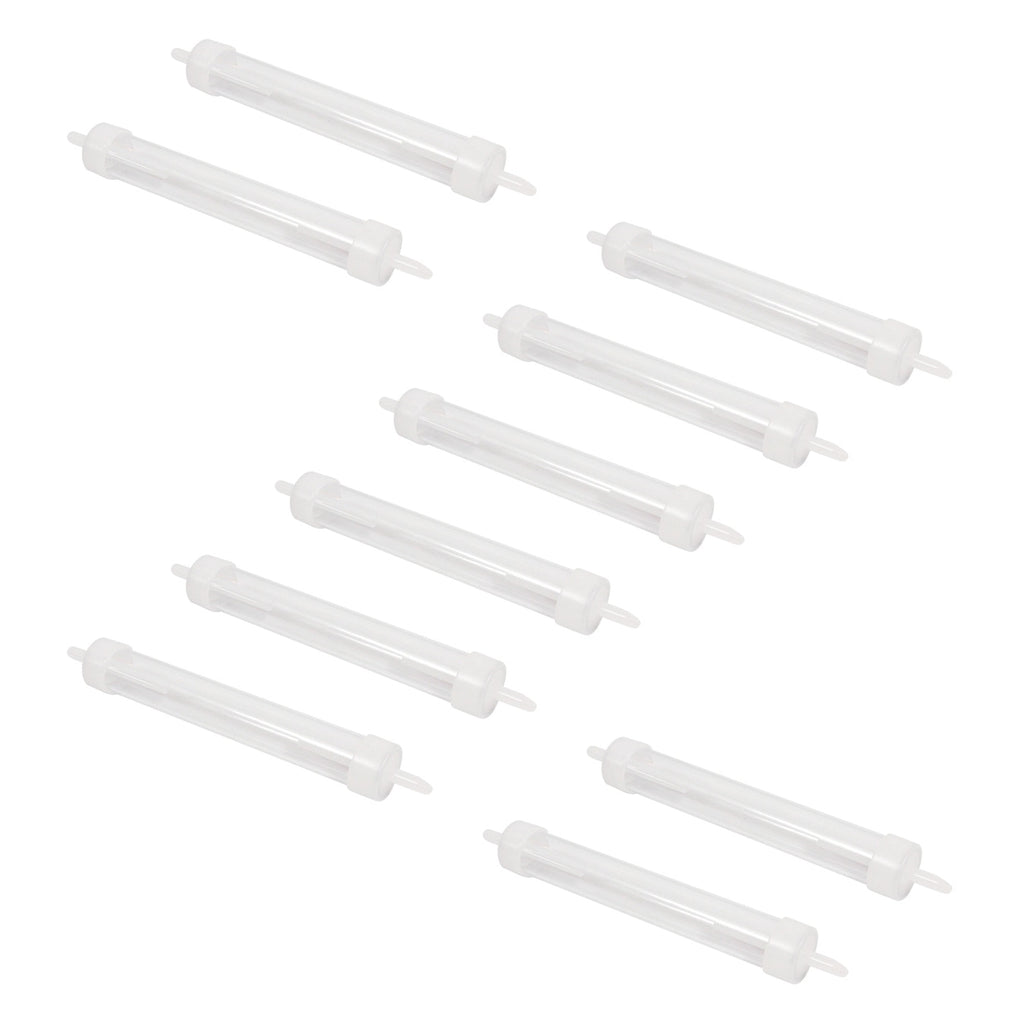 10 white inline water traps scattered on a white background