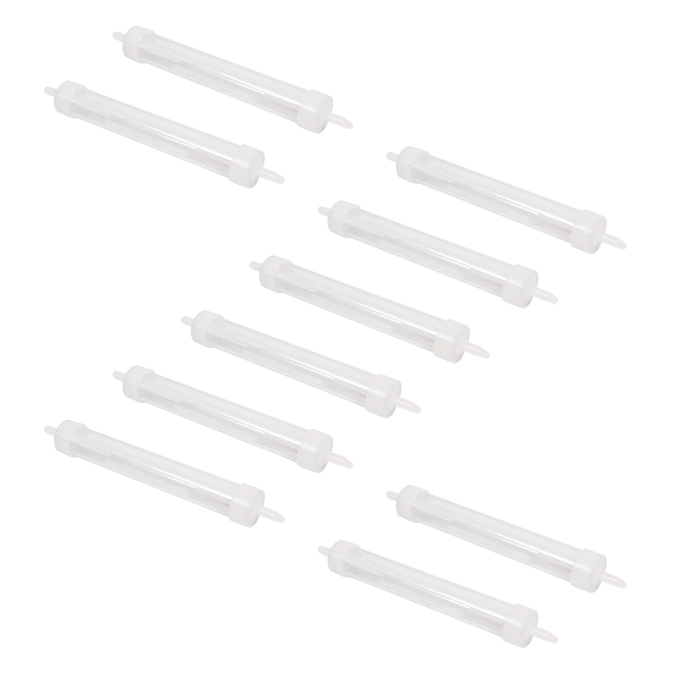 10 white inline water traps scattered on a white background