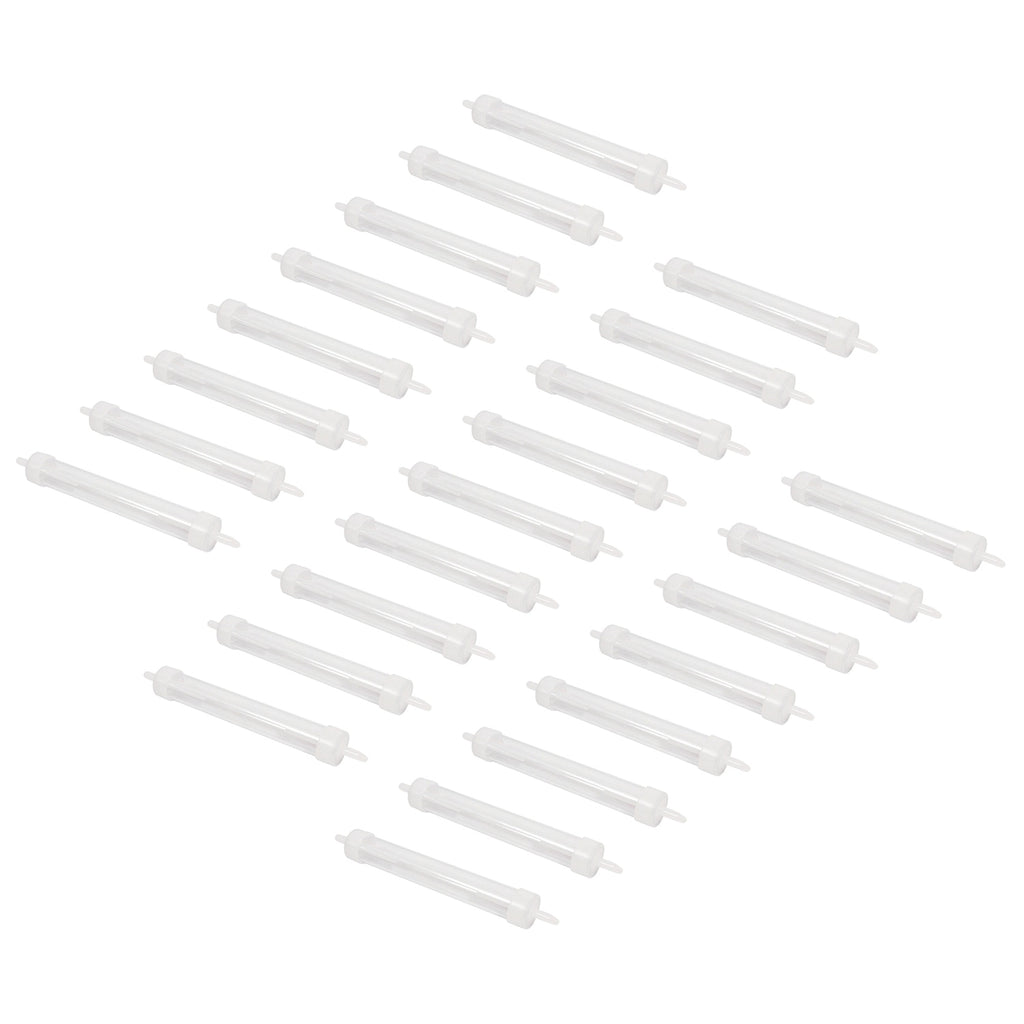 25 white inline water traps scattered on a white background