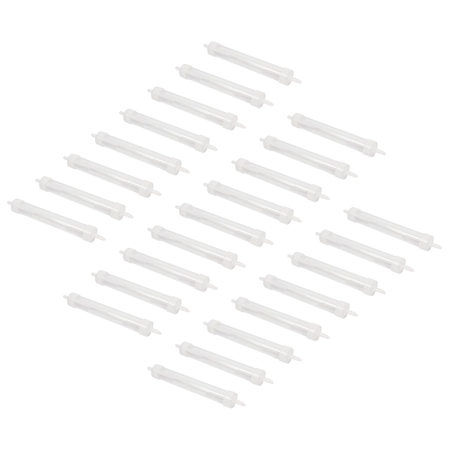 25 white inline water traps scattered on a white background