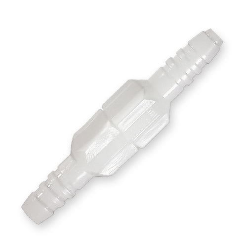 A clear, swiveling oxygen supply tubing connector designed to prevent kinks and snags in tubing.