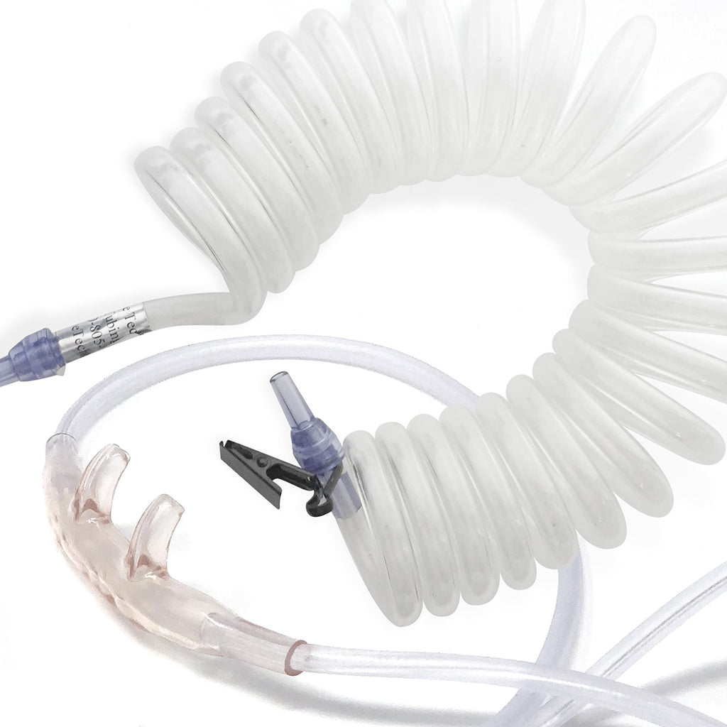 A nasal cannula with a 5-foot coiled self-retracting oxygen supply tubing, designed for use with standard oxygen outlets and cannulas.