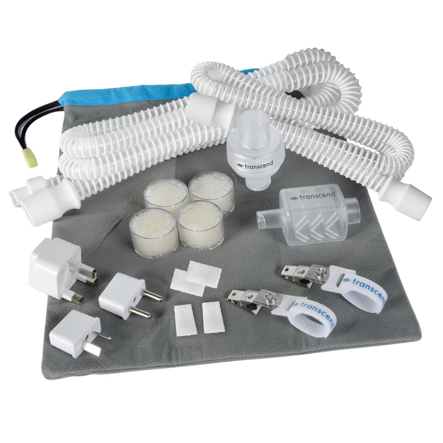 Collection of electrical components and accessories on a gray mat with a white background
