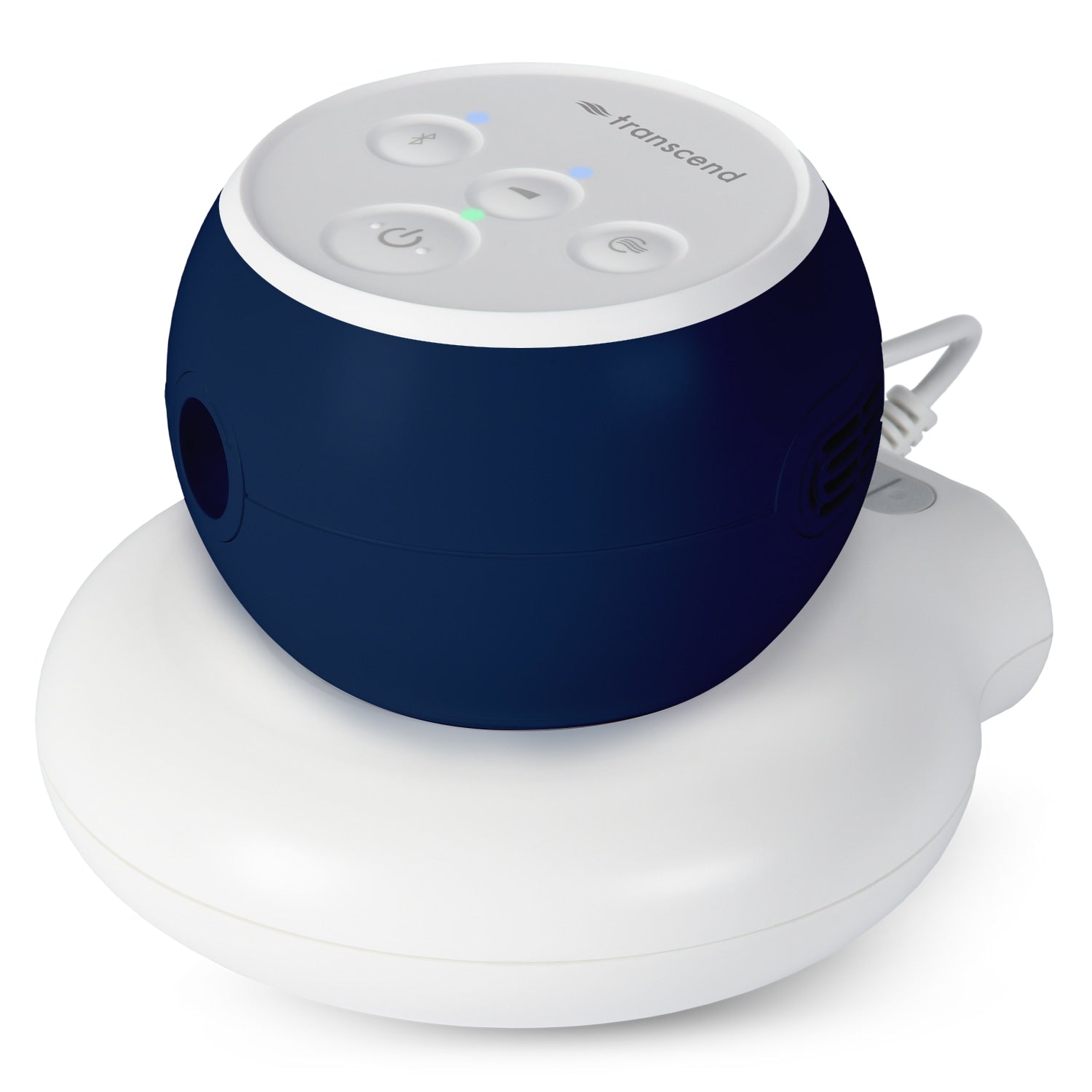 Blue and white CPAP device with 'Transcend' branding on a white background and poweraway battery 