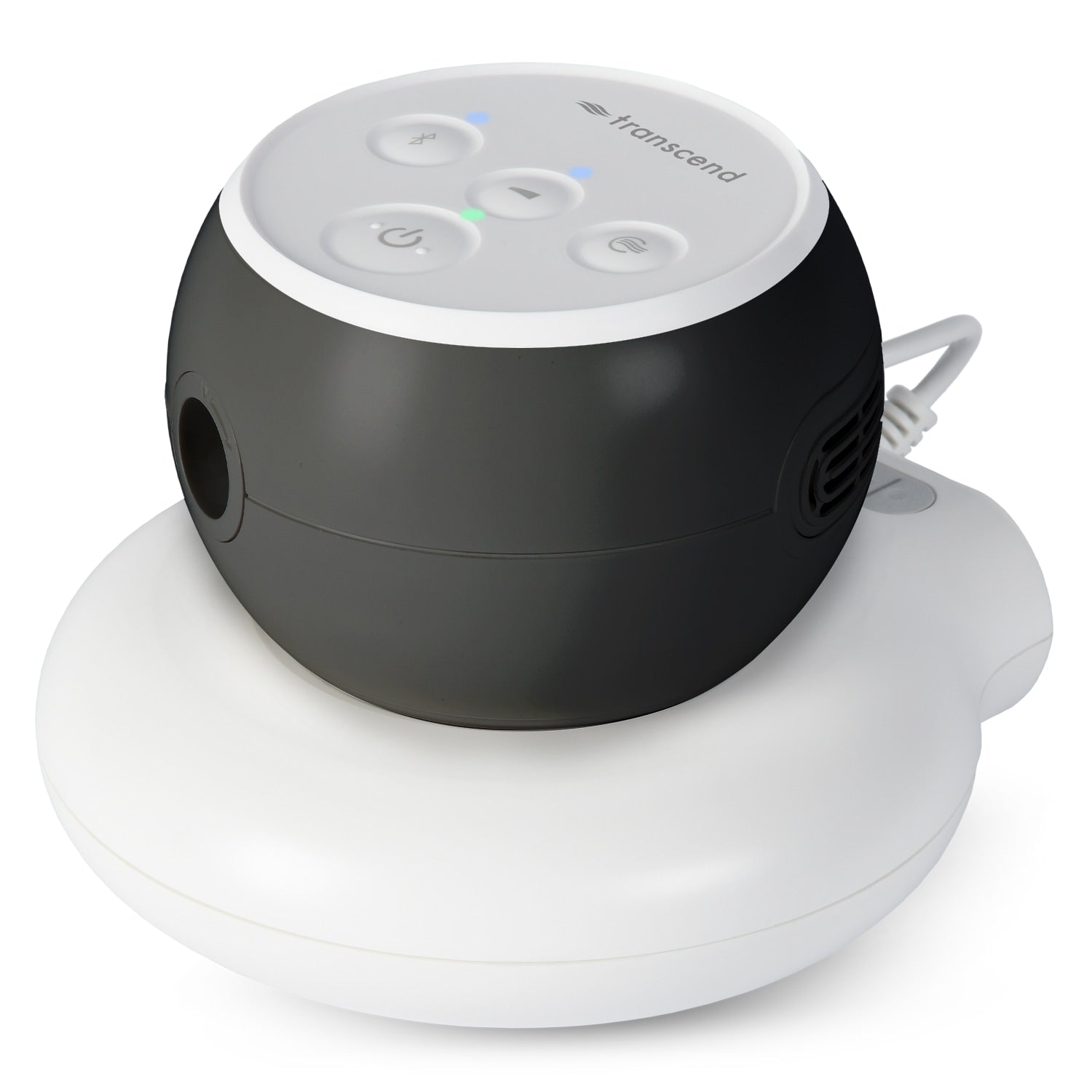 Black and white CPAP device with 'Transcend' branding on a white background and poweraway battery 