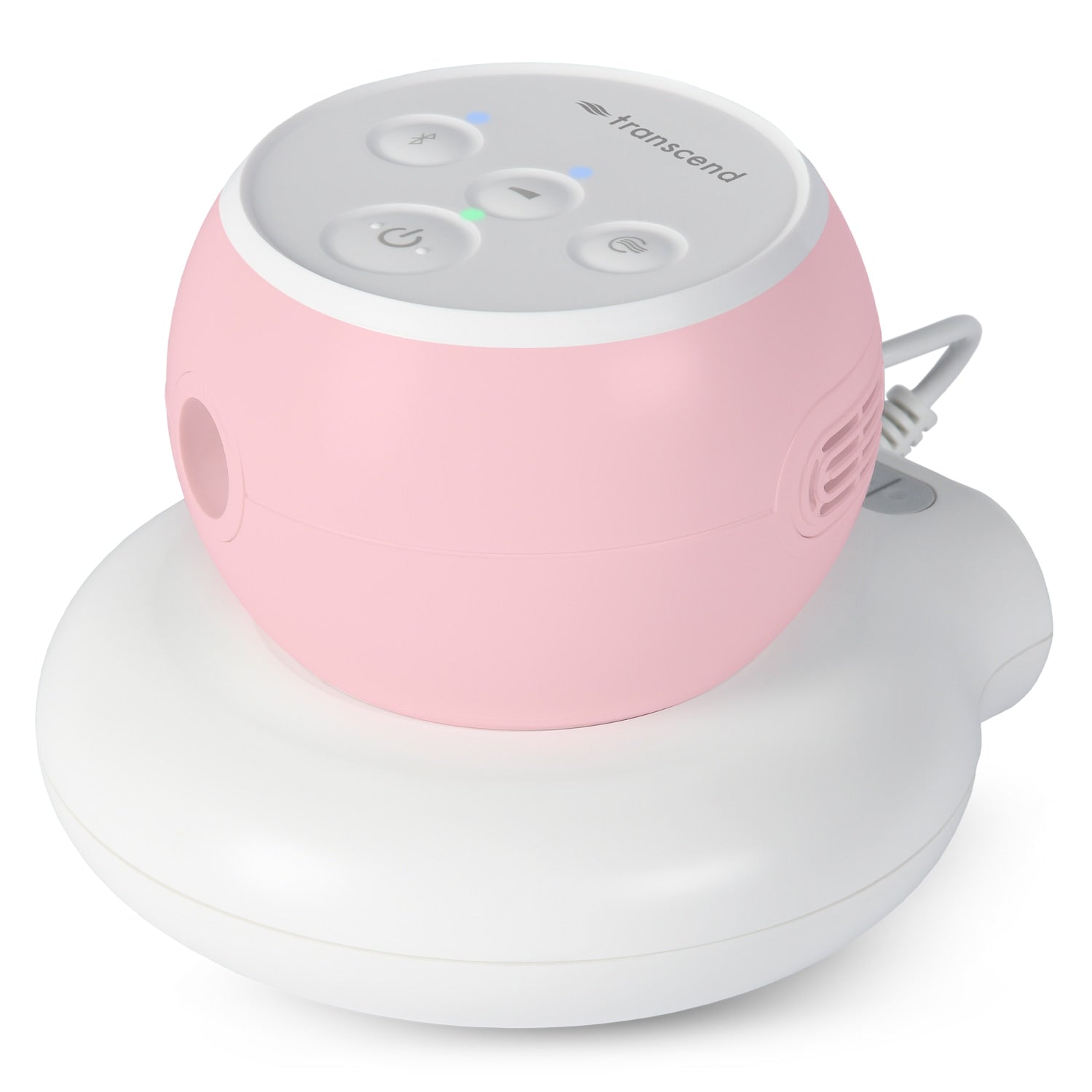 Pink and white CPAP device with 'Transcend' branding on a white background and poweraway battery 