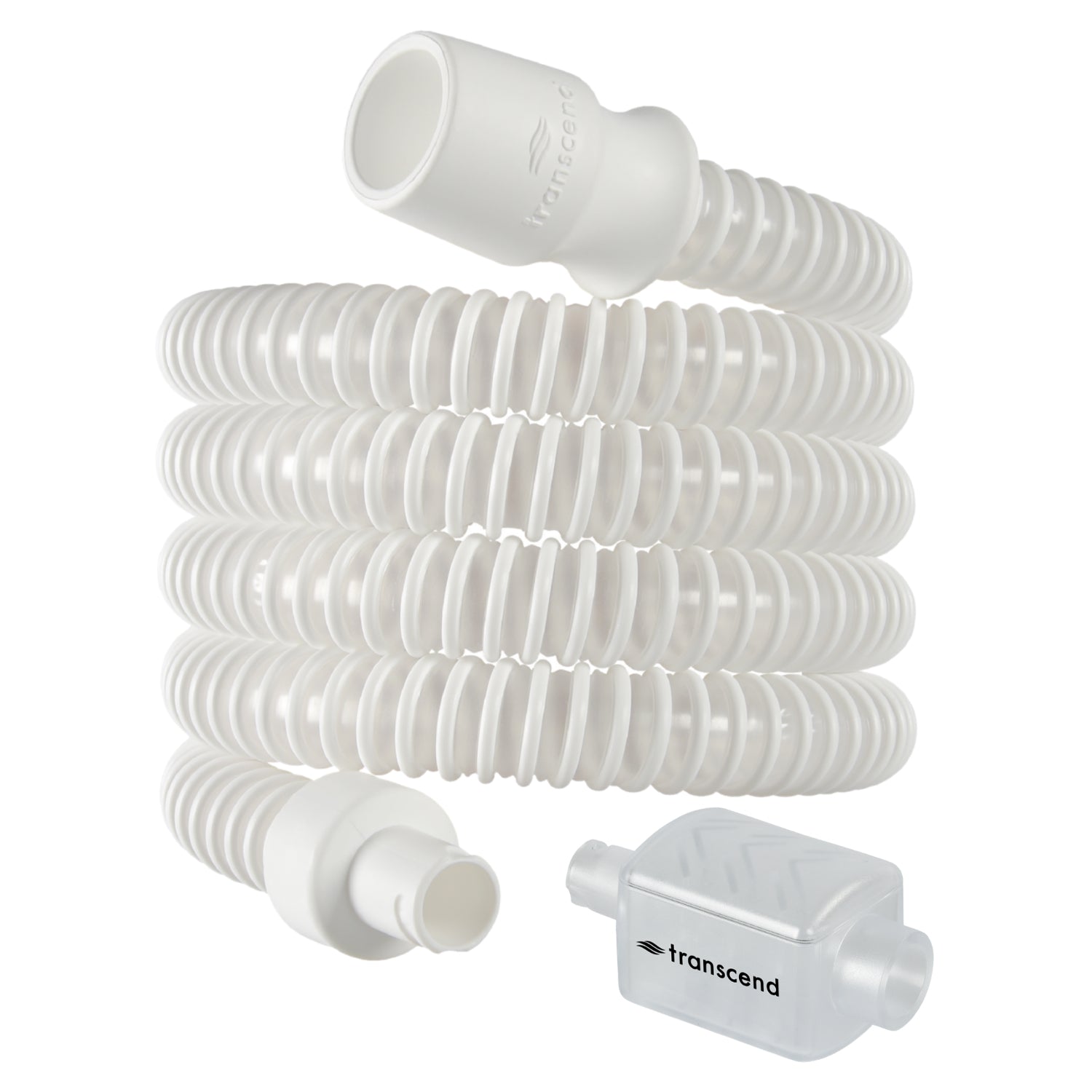 Transcend medical device components including a hose and connectors on a white background