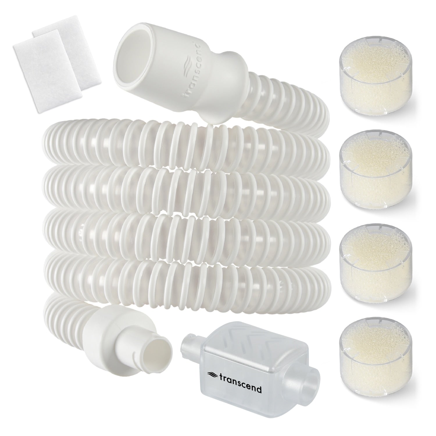 Set of white medical components including a hose, nozzles, and filters on a white background.