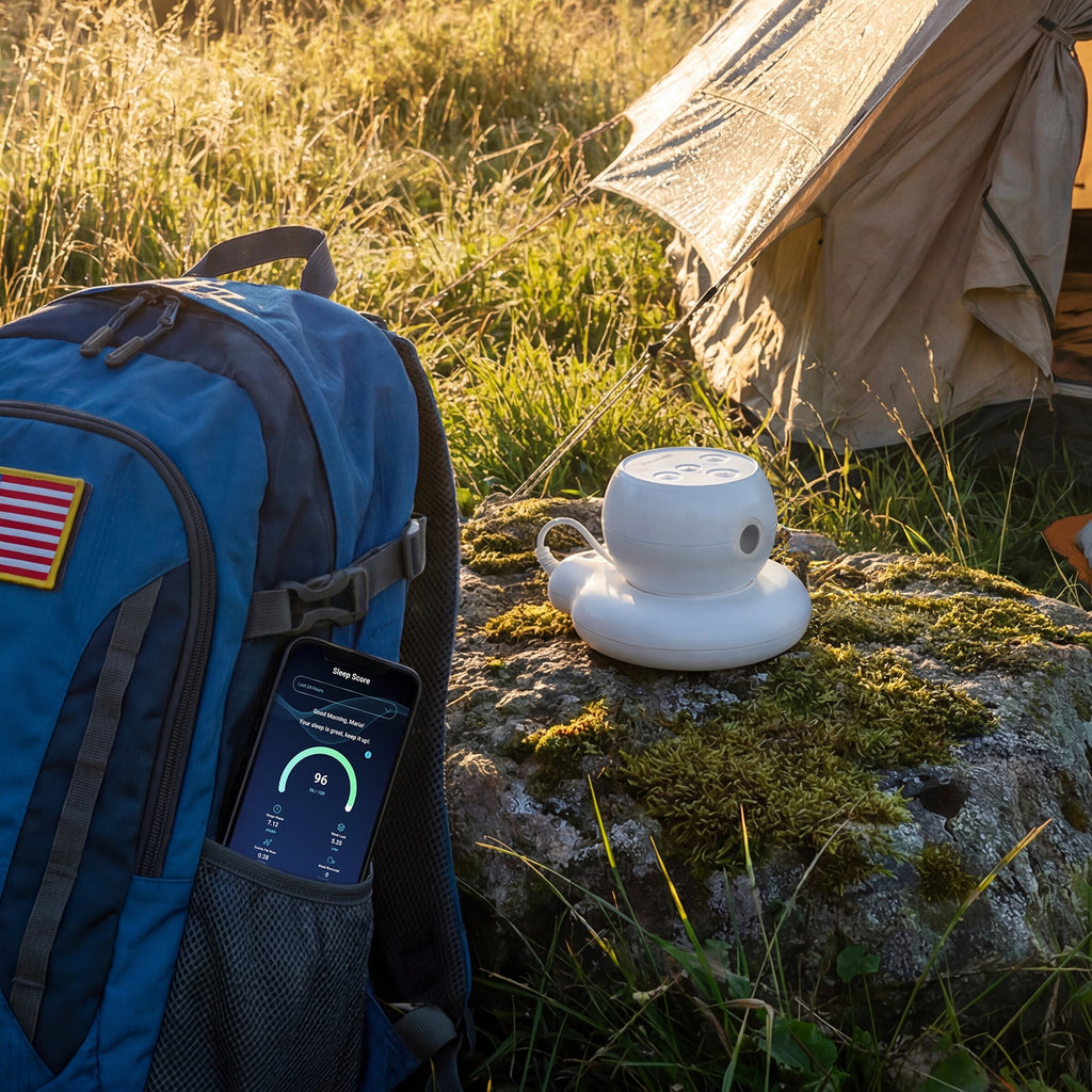 A white portable Transcend Micro CPAP machine sits on a mossy rock beside a blue backpack with a smartphone in the pocket, outdoors near a tent in a grassy field.
