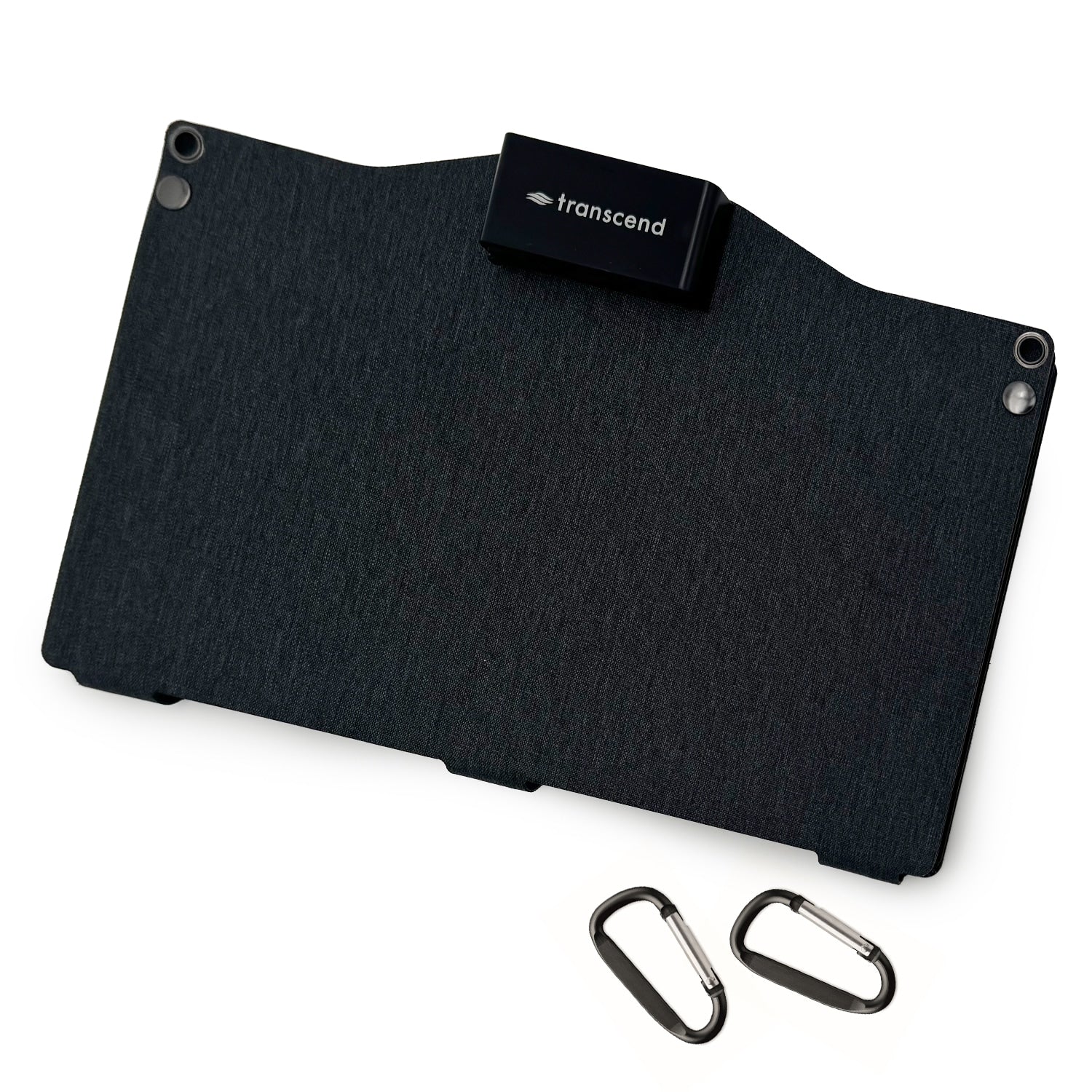 Black protective case with a Transcend device and two carabiners on a white background