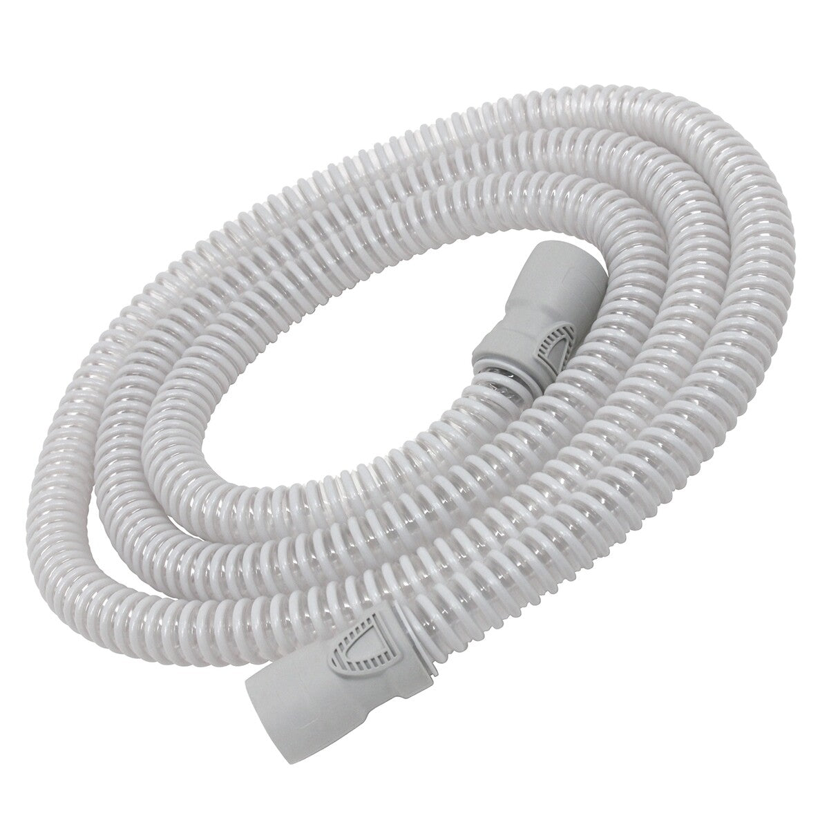A coiled, white CPAP/BiPAP hose tubing with connectors at both ends.