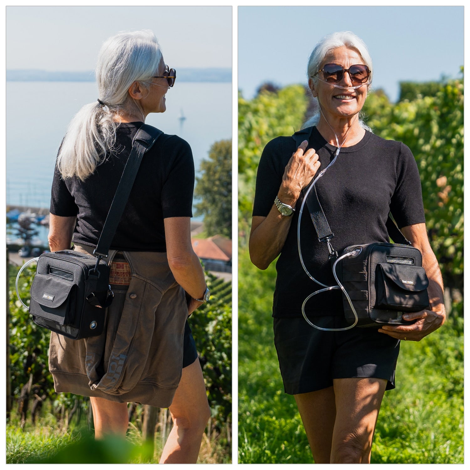 Woman with gray hair wearing sunglasses and a black shirt, holding a black bag in two different outdoor settings.
