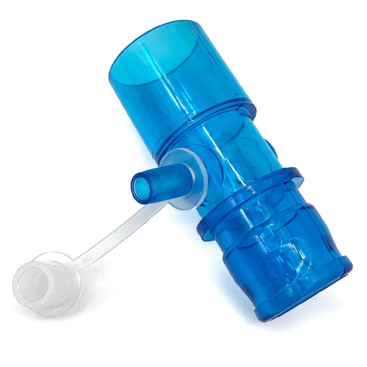 A blue oxygen enrichment adapter with a clear tube and a cap port, designed to connect oxygen tubing to a CPAP/BiPAP machine.