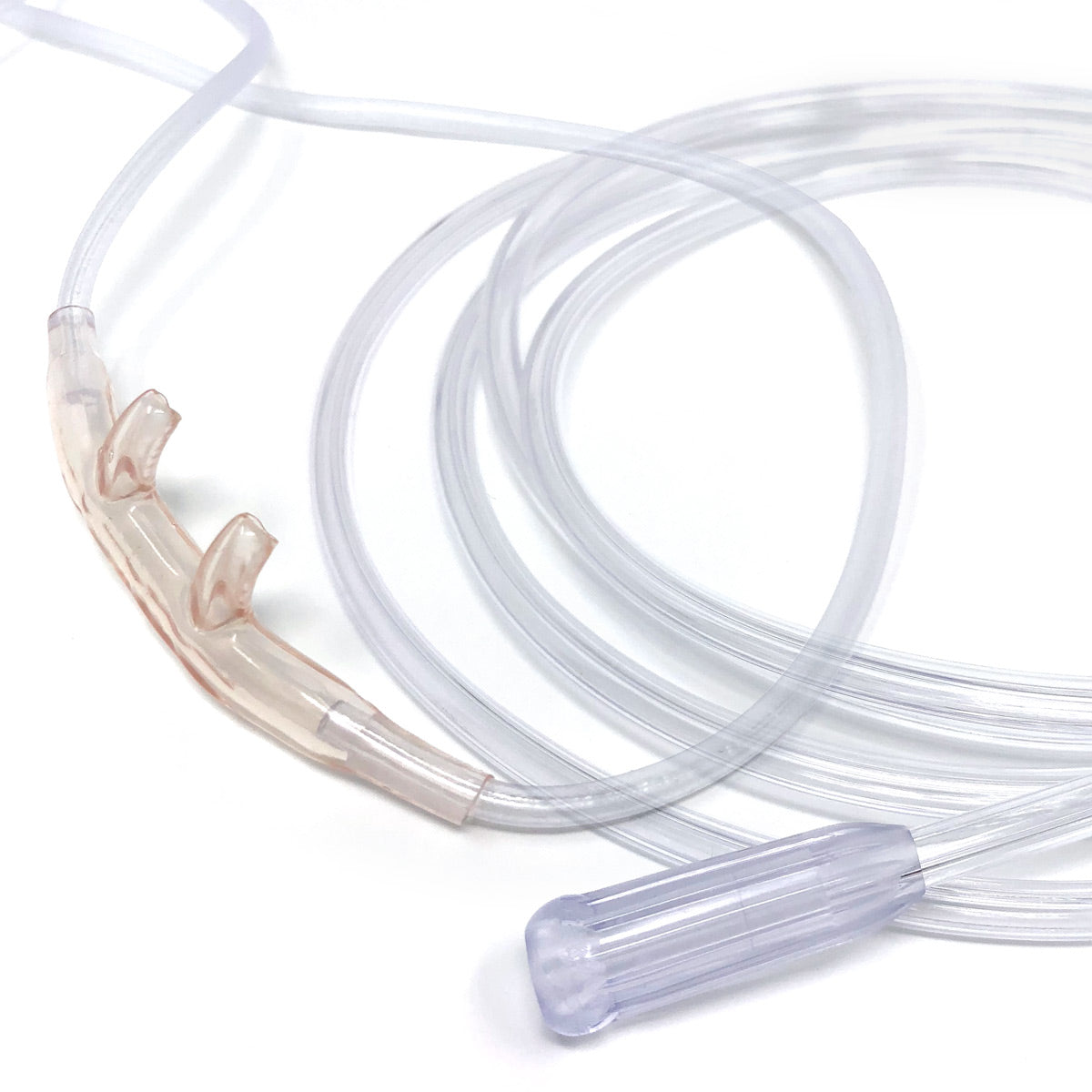 A nasal cannula with a clear oxygen tubing extending to the bottom of the image. The tubing is flexible and has multiple channels, and the cannula is designed to be inserted into the nose.