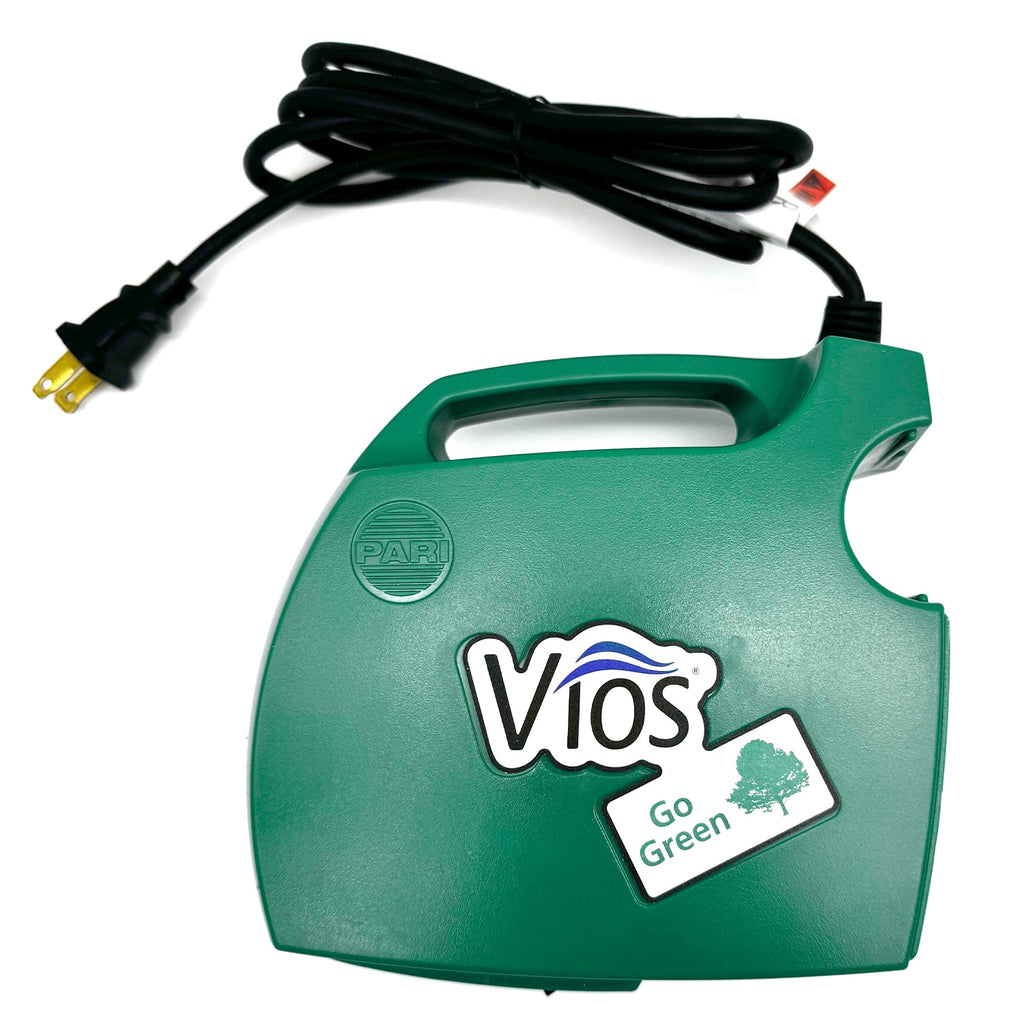 Green electronic device with 'Vios' branding and a cable on a white background