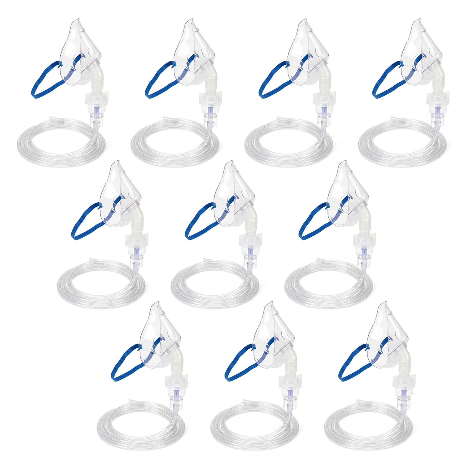 Set of ten clear plastic nebulizer masks with blue straps on a white background