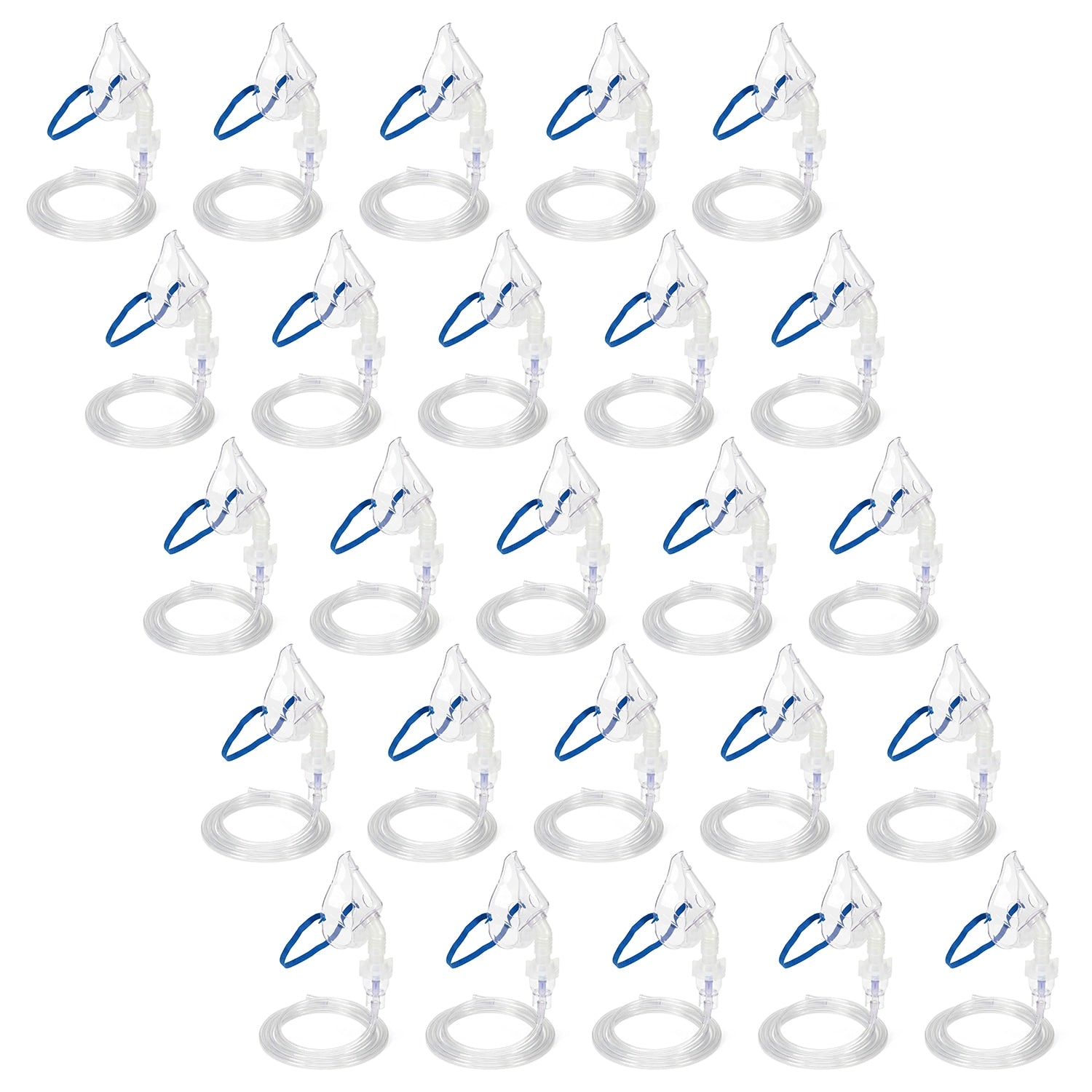 Set of twenty five clear plastic nebulizer masks with blue straps on a white background