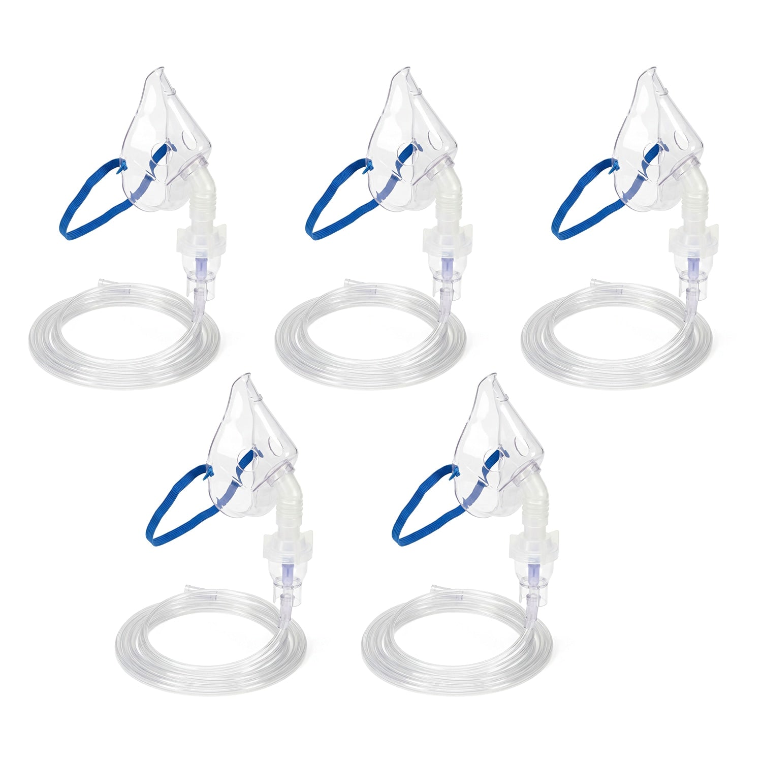 Set of five clear plastic nebulizer masks with blue straps on a white background