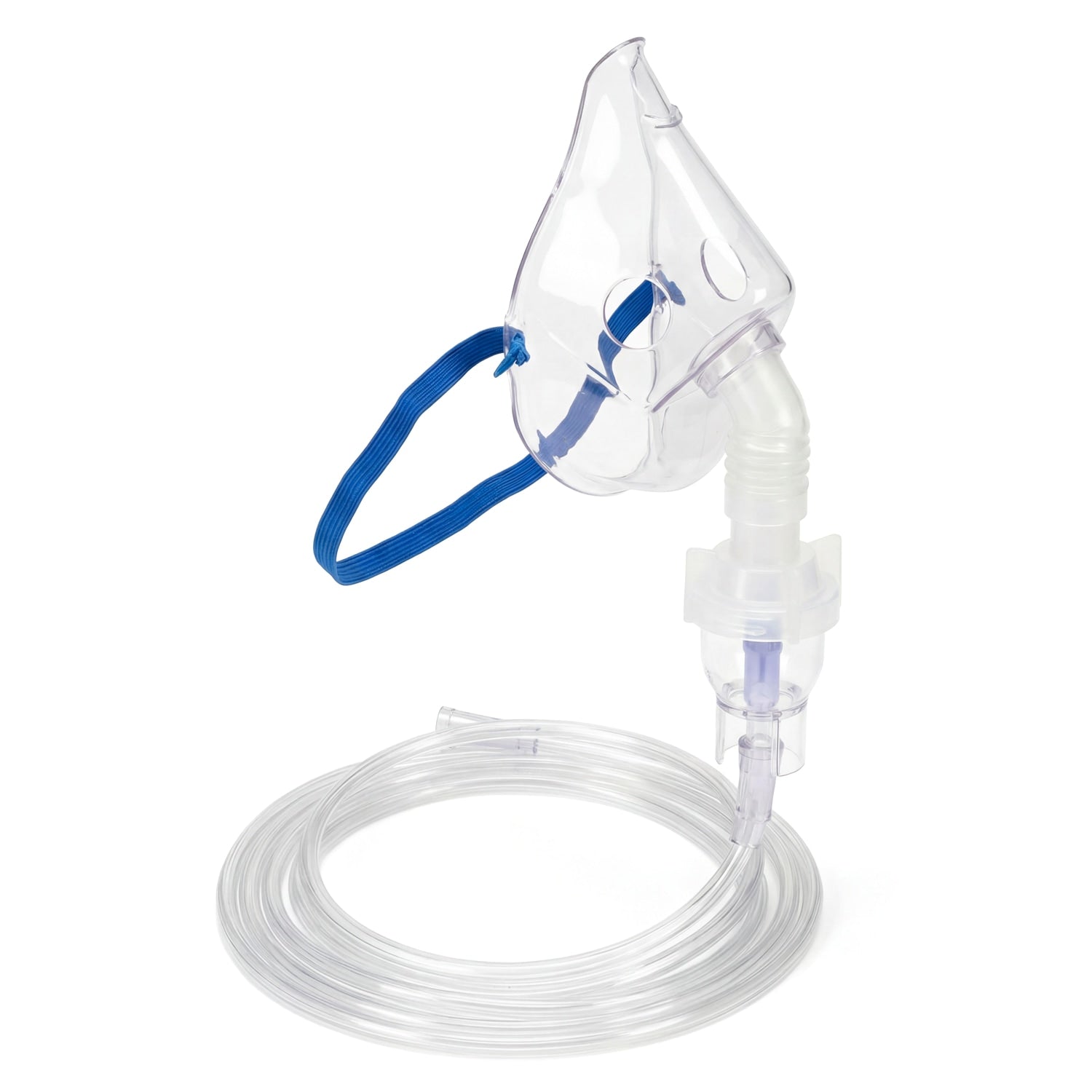 Clear medical mask with blue strap and clear tubing on a white background