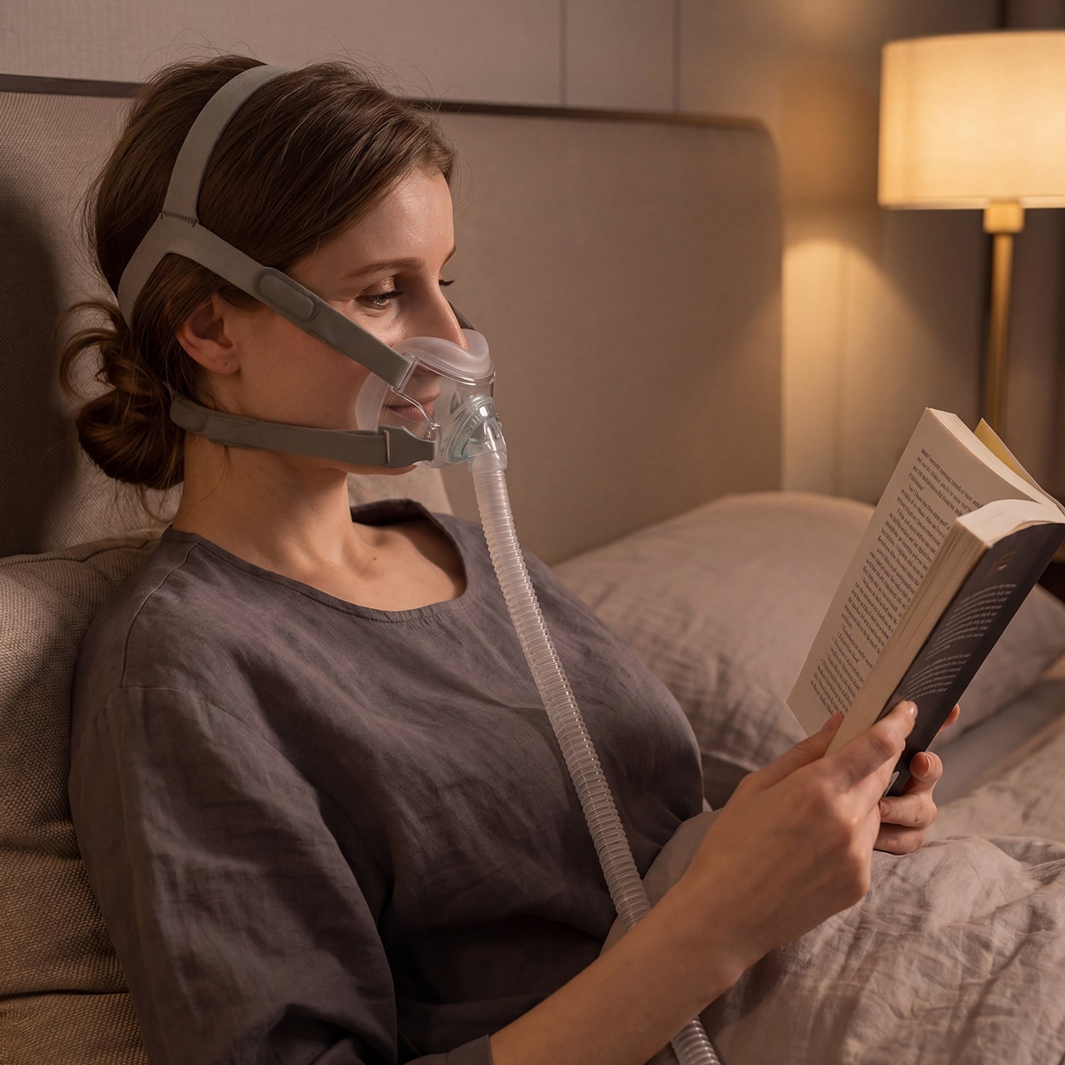 Woman wearing a CPAP mask and reading a book in bed