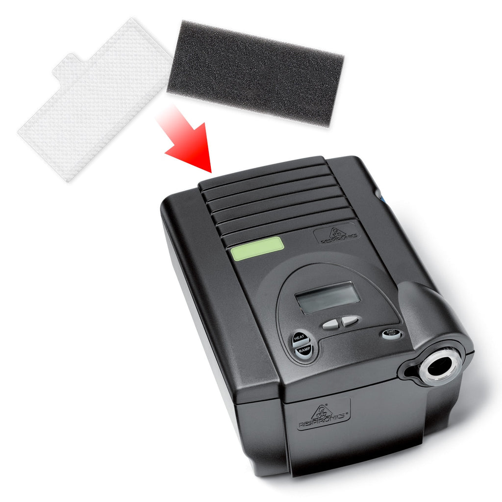 Two Filters and a CPAP Machine with an arrow showing where to insert the filter 