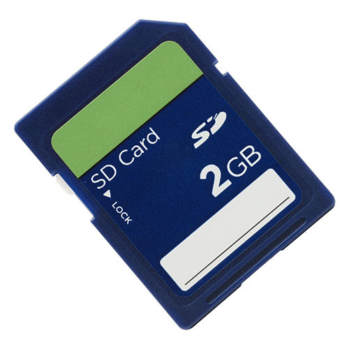 2GB SD card with blue casing and green label on a white background