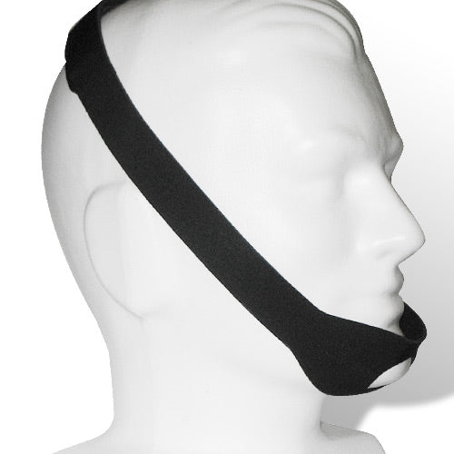 Black headband with chin strap on a mannequin head against a white background