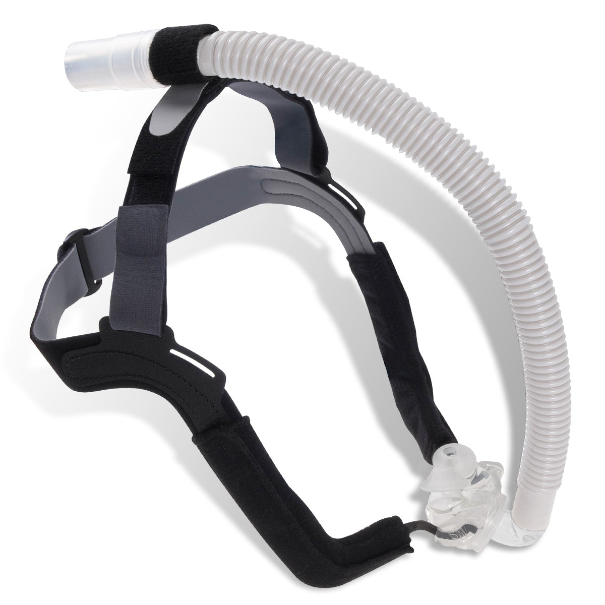 Aloha CPAP mask with tubing channeled over the head