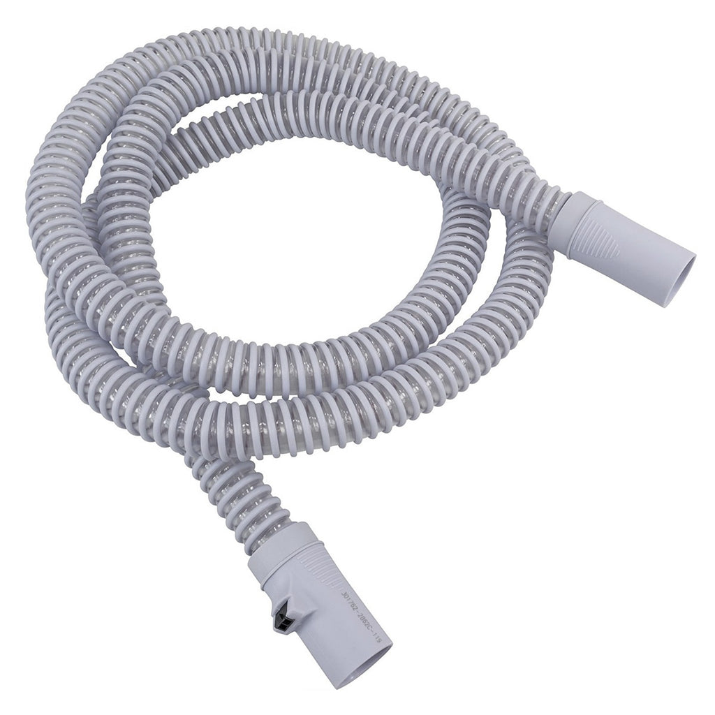 Gray hose for a CPAP machine on a white background