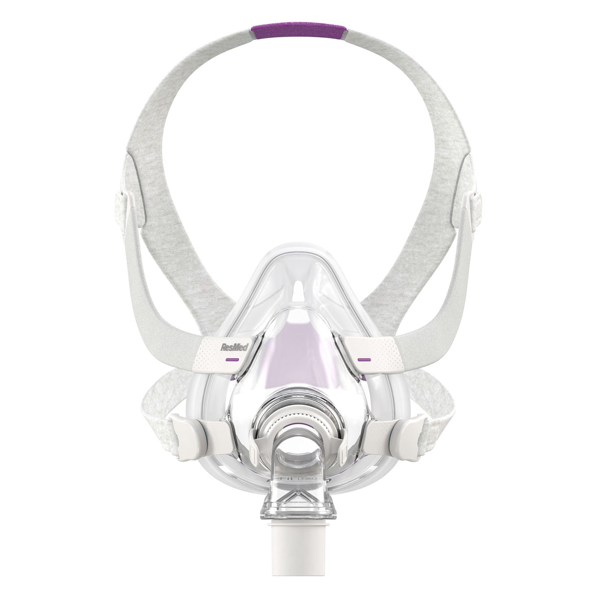 A front view of the AirFit F20 full face CPAP/BiLevel mask with headgear, showcasing its transparent design and flexible structure.