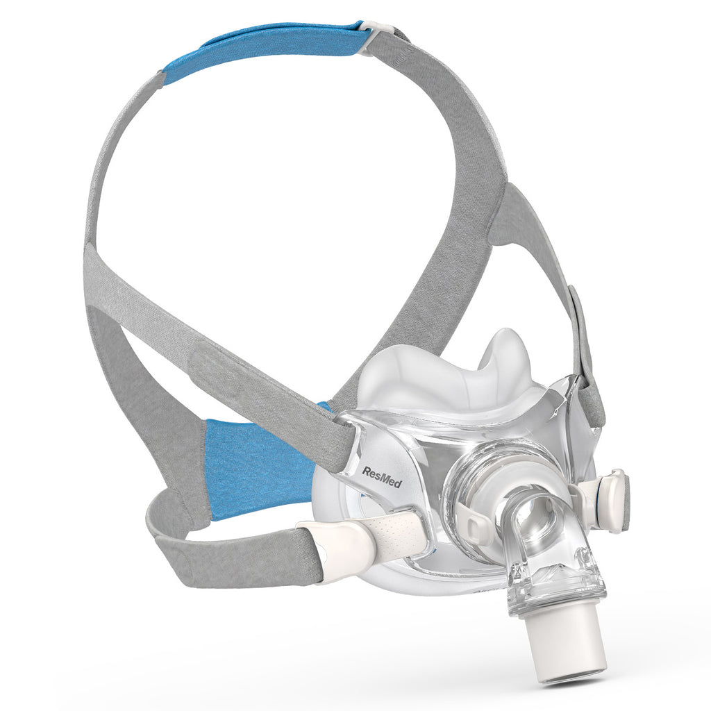 A smaller style full face CPAP/BiLevel mask with headgear, predominantly clear and gray in color, designed to sit low on the face.
